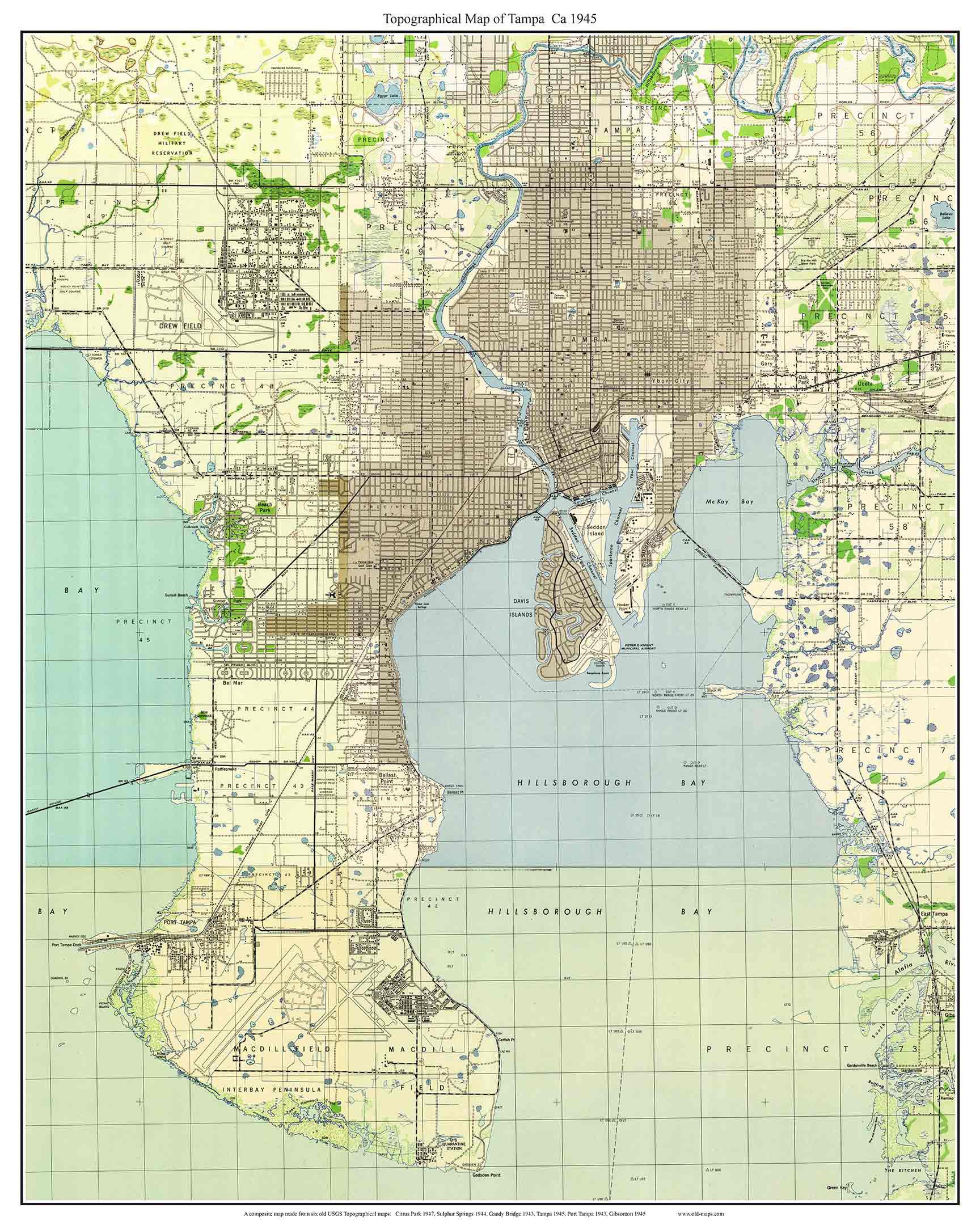 Tampa Florida 1945 Old Topo Map A Composite Made From 6 USGS Etsy