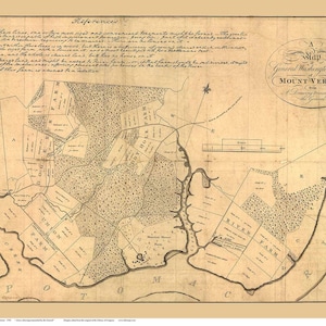 May include: A vintage map of General Washington's farm, Mount Vernon, Virginia. The map shows the layout of the farm, including the fields, buildings, and the Potomac River. The map is dated 1799 and is a drawing accurately representing the ground.