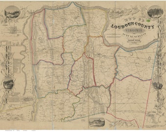 May include: An antique map of Loudoun County, Virginia, showing the county's boundaries and roads. The map is dated 1858 and was created by Tarpley Taylor. The map is printed on a cream-colored paper and features a detailed illustration of the county's landscape.