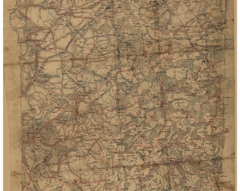 May include: An antique map of Spotsylvania County, Virginia, circa 1860. The map is hand-drawn in black ink on aged paper with red and blue lines indicating roads and waterways. The map is titled "Map of Spotsylvania County ca 1860" and includes the text "author unknown" and "Library of Congress".