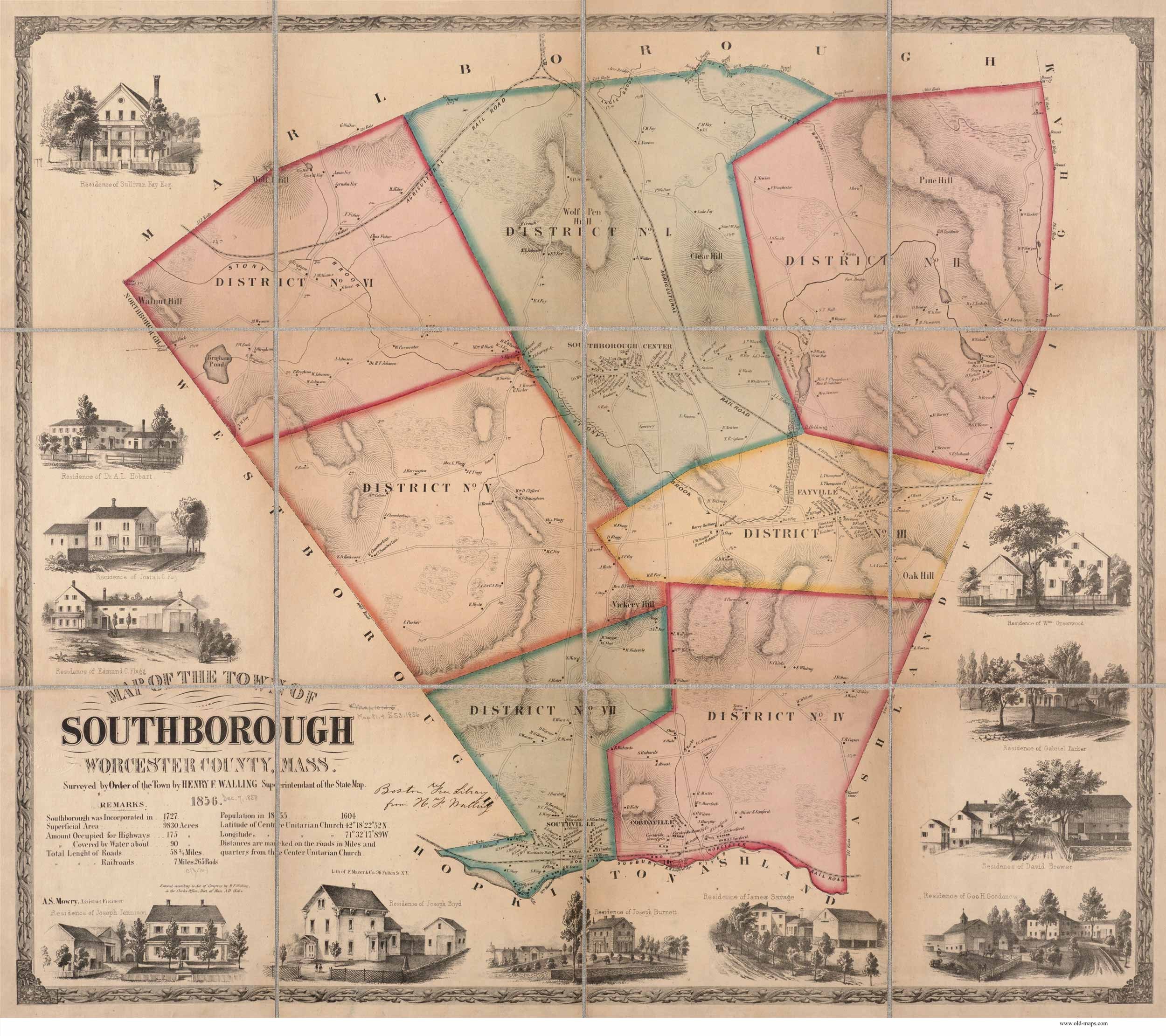 Southborough 1856 Old Town Map Homeowner Names Worcester County