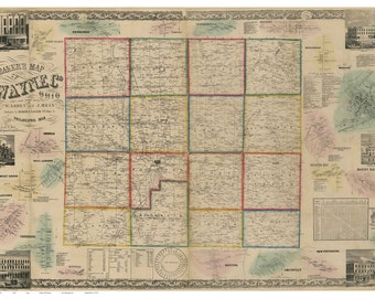 Wayne County Ohio 1856 - Old Wall Map Reprint with Homeowner Names - Farm Lines