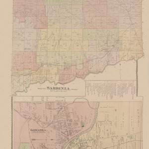 May include: An antique map of Sardinia, New York, showing the town of Gowanda and surrounding areas. The map is divided into sections with numbered squares and includes the names of local residents and businesses. The map is printed in black and white with a light pink and green color scheme.