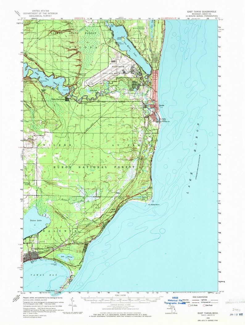 East Tawas 1959 1972 Old Topo Map Oscoda Van Etten Lake Etsy