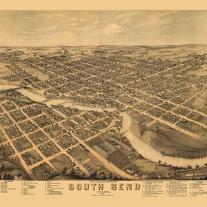 South Bend, Indiana - 1874  Birds Eye View Reprint