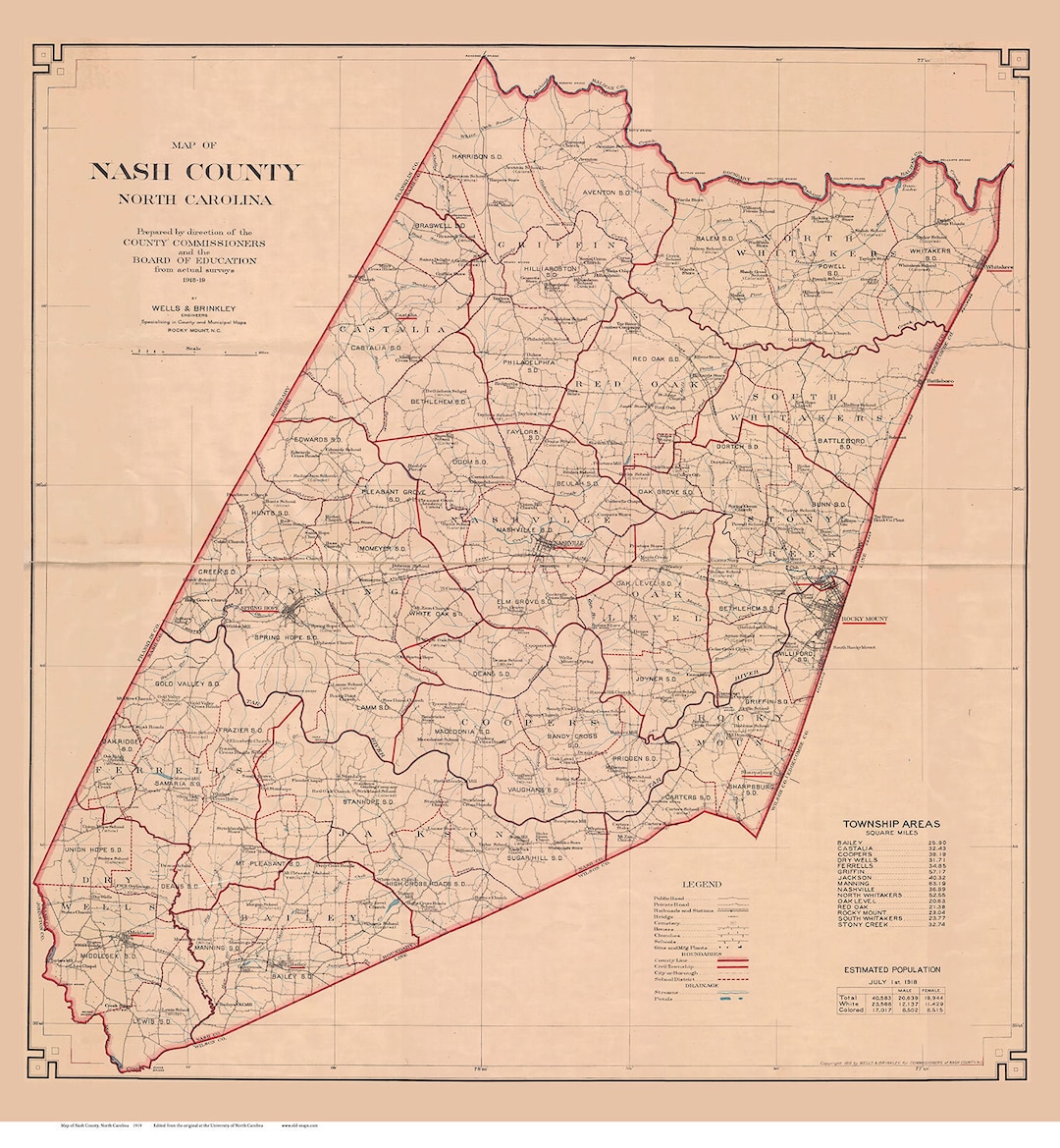 Nash County North Carolina 1919 - Old Wall Map Reprint - Etsy