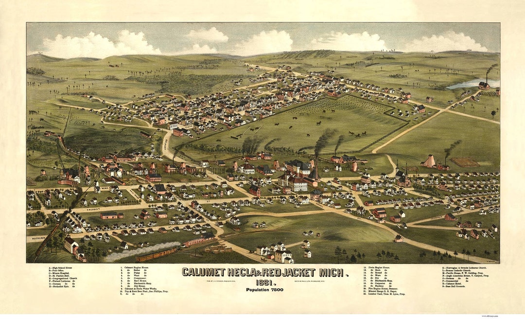 Calumet, Heckla & Red Jacket Michigan 1881 Birds Eye View H. Wellge