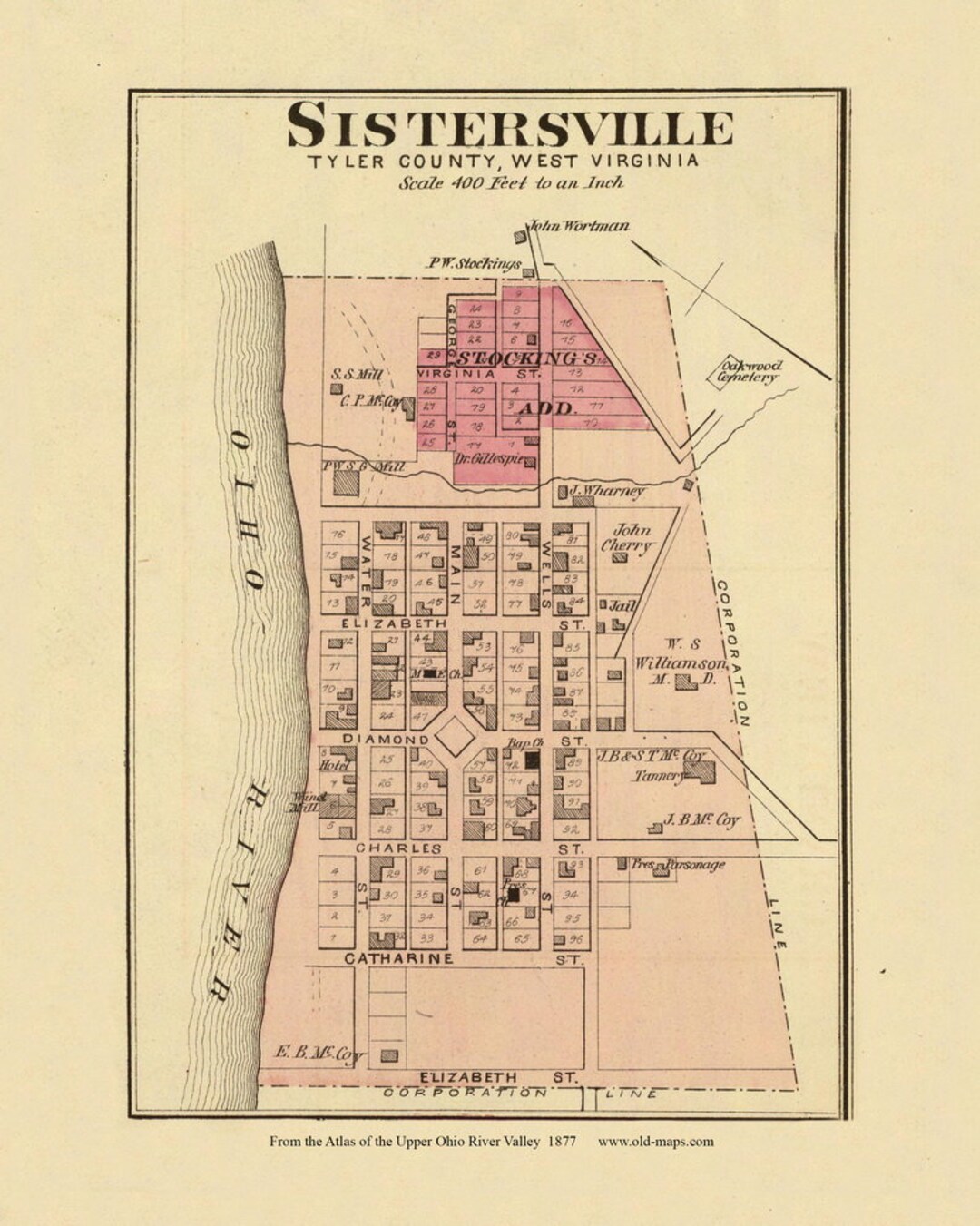 Sistersville 1877 Old Town Map Tyler County West Virginia Ohio Valley