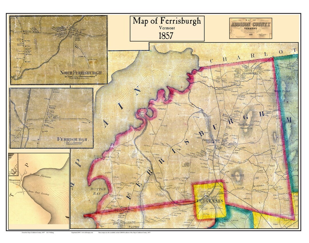 Ferrisburgh 1857 Old Town Map With Homeowner Names Vermont Reprint
