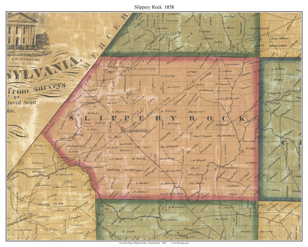 Slippery Rock Township 1858 Old Town Map With Homeowner Names