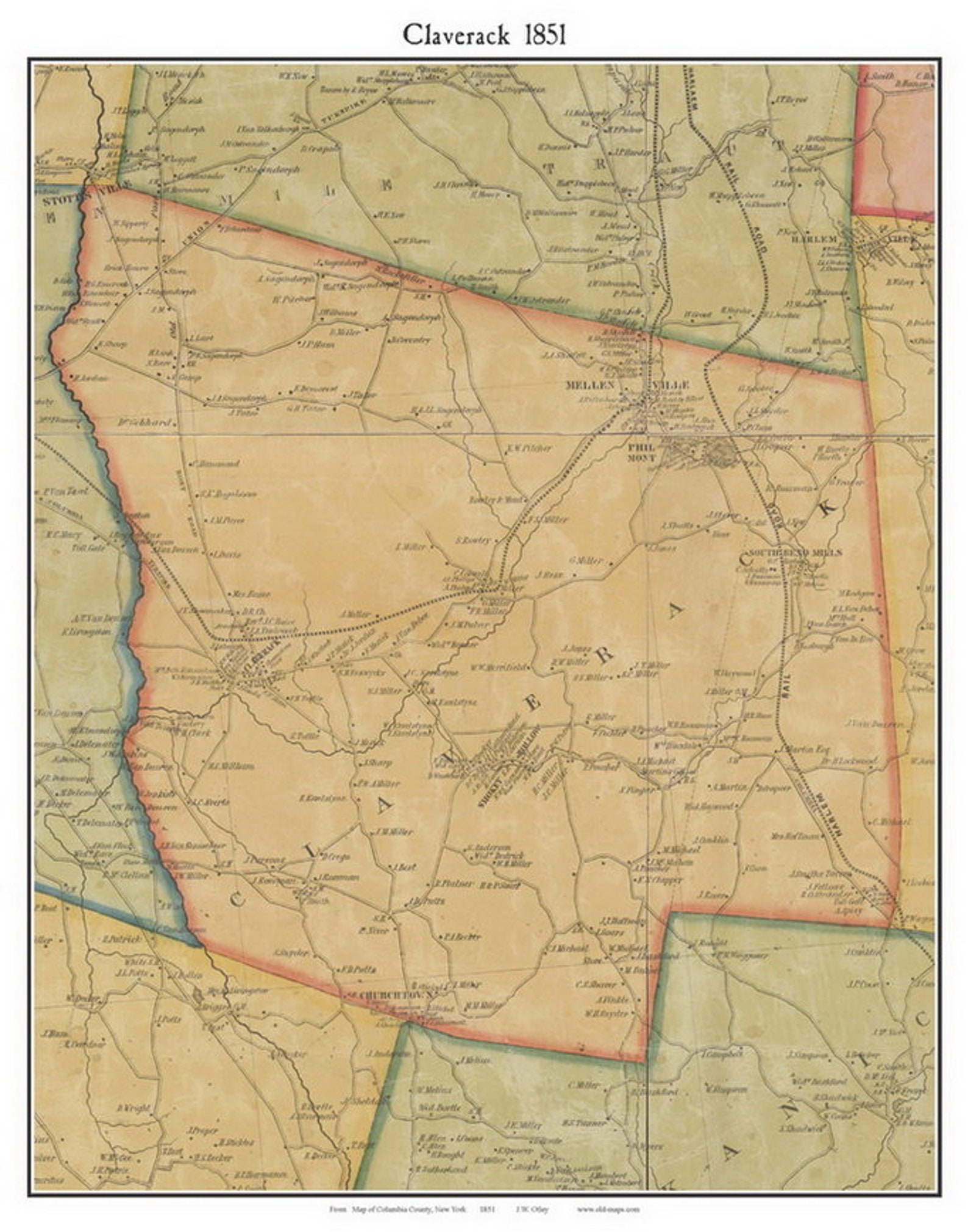 Claverack 1851 Old Town Map with Homeowner Names New York Etsy