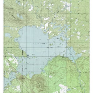 May include: A topographic map of Millinocket Lake in Maine, dated 1988. The map shows the lake's shape, surrounding terrain, and various features like roads, streams, and elevation contours.