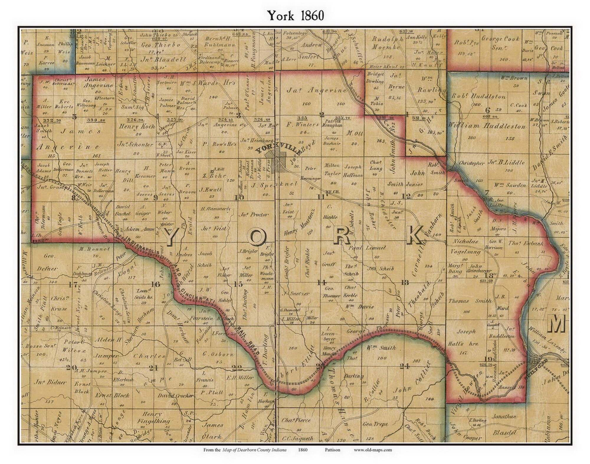 York 1860 Old Town Map with Homeowner Names Indiana Yorkville Etsy España