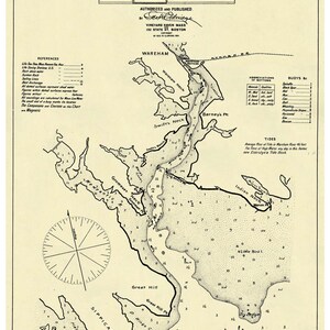May include: A black and white nautical chart of Wareham River, Massachusetts. The chart shows the river's waterways, depths, and landmarks, including Wareham Neck, Swift's Neck, Barney's Point, Great Hill, and Sippican Neck. The chart also includes a compass rose and a legend of symbols.