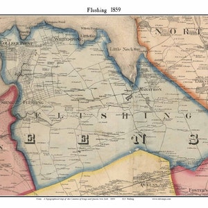 Flushing 1859 Map with Homeowner Names New York College Point Whitestone Marathon - Custom Reprint from the Counties of Kings & Queens NY TM