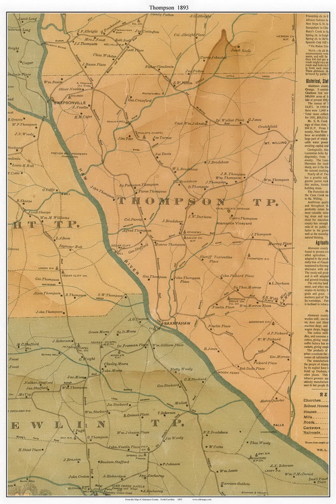 Thompson 1893 Old Town Map With Homeowner Names Swepsonville Saxapahaw
