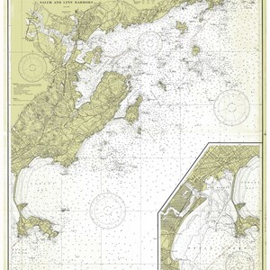 May include: A vintage nautical chart of Salem and Lynn Harbors, Massachusetts. The chart is printed on a cream-colored paper with brown and black lines. The chart includes a compass rose, depth soundings, and navigational aids.