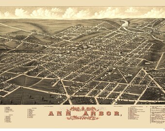 Ann Arbor Michigan - 1880 - Birds Eye View Beck & Pauli Reprint