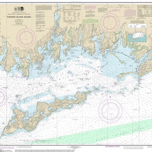 May include: Nautical chart of Fishers Island Sound, a body of water located off the coast of Long Island, New York. The chart shows the coastline, islands, and waterways of the area, with depths and other navigational information marked in feet.