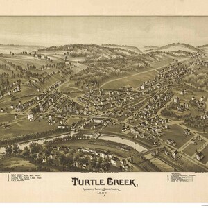 May include: An antique bird's-eye view map of Turtle Creek, Pennsylvania, from 1887. The map shows the town's layout with streets, buildings, and a river winding through the center. The map is printed in sepia tones and has a vintage aesthetic.