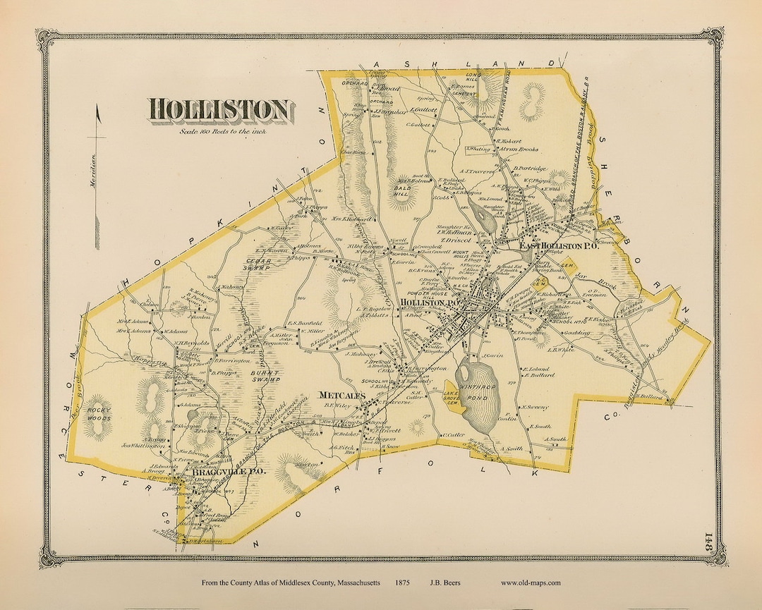 Holliston 1875 Old Town Map Reprint Middlesex County, Massachusetts