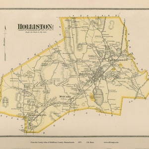 May include: An antique map of Holliston, Massachusetts, from 1875. The map shows roads, rivers, and the town's boundaries. The map is in shades of brown, yellow, and green.