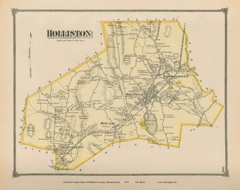 Holliston - 1875 - Old Town Map Reprint - Middlesex County, Massachusetts - Homeowner Names, Genealogy - MA Atlas
