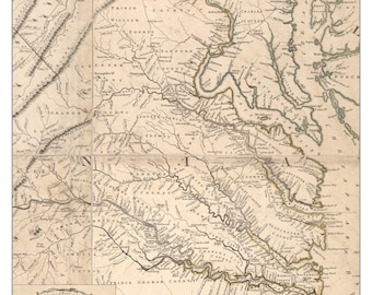 May include: An antique map of the Virginia Tidewater region in 1755. The map shows the boundaries of counties, rivers, and other geographical features. The map is in black and white with some brown and yellow accents.
