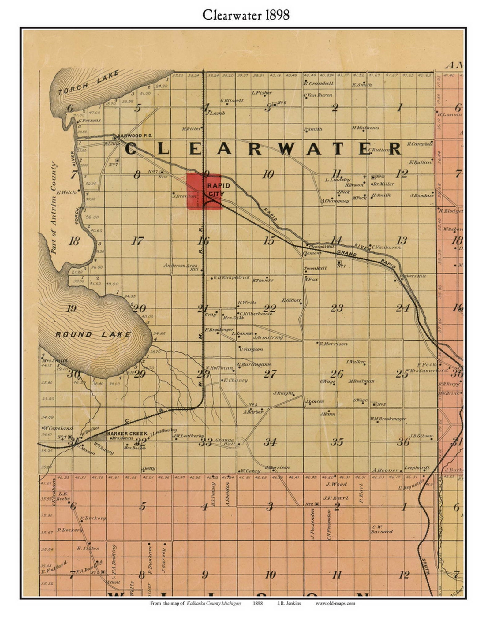 Clearwater 1898 Old Town Map With Homeowner Names Rapid City Michigan