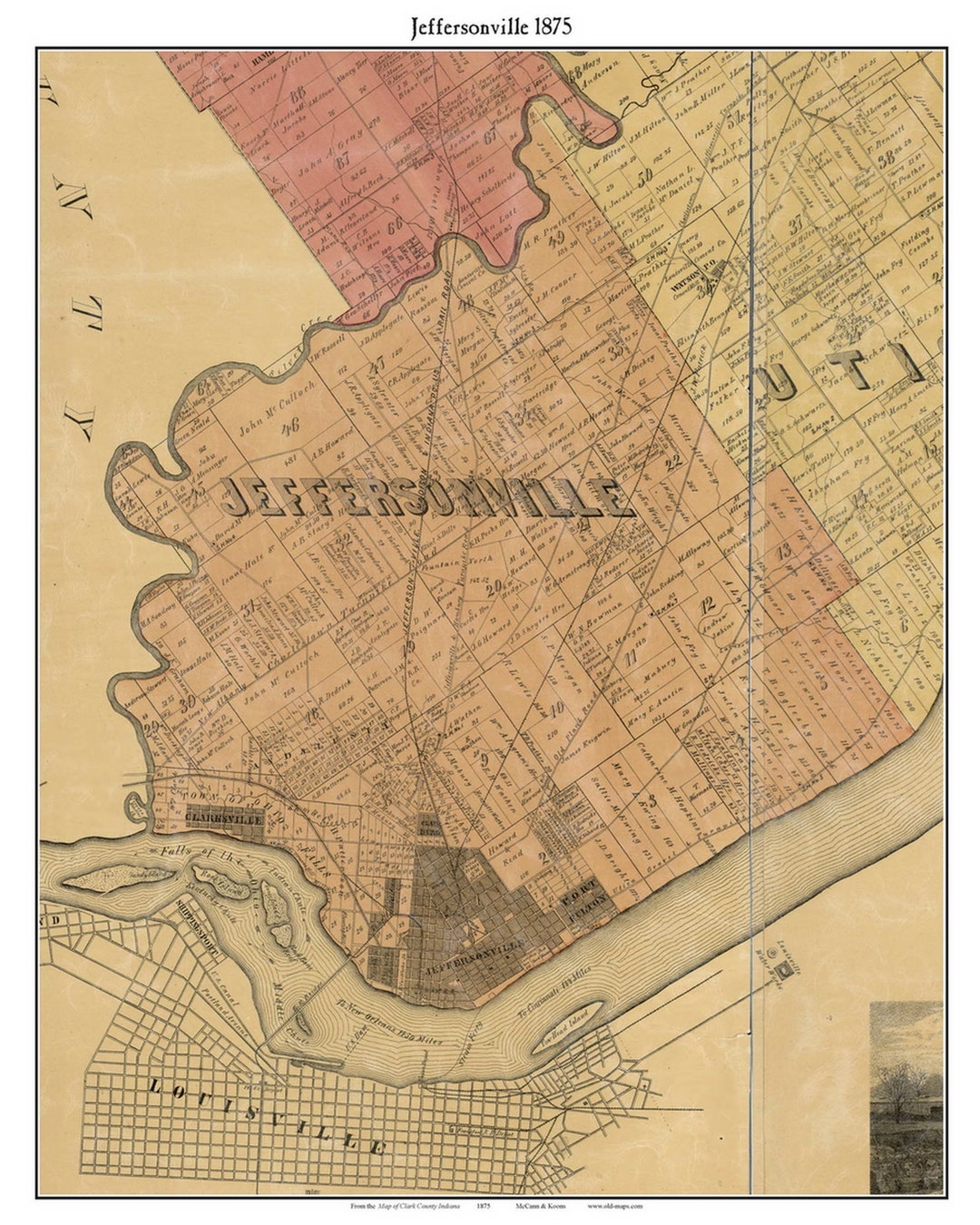 Jeffersonville 1875 Old Town Map With Homeowner Names Indiana