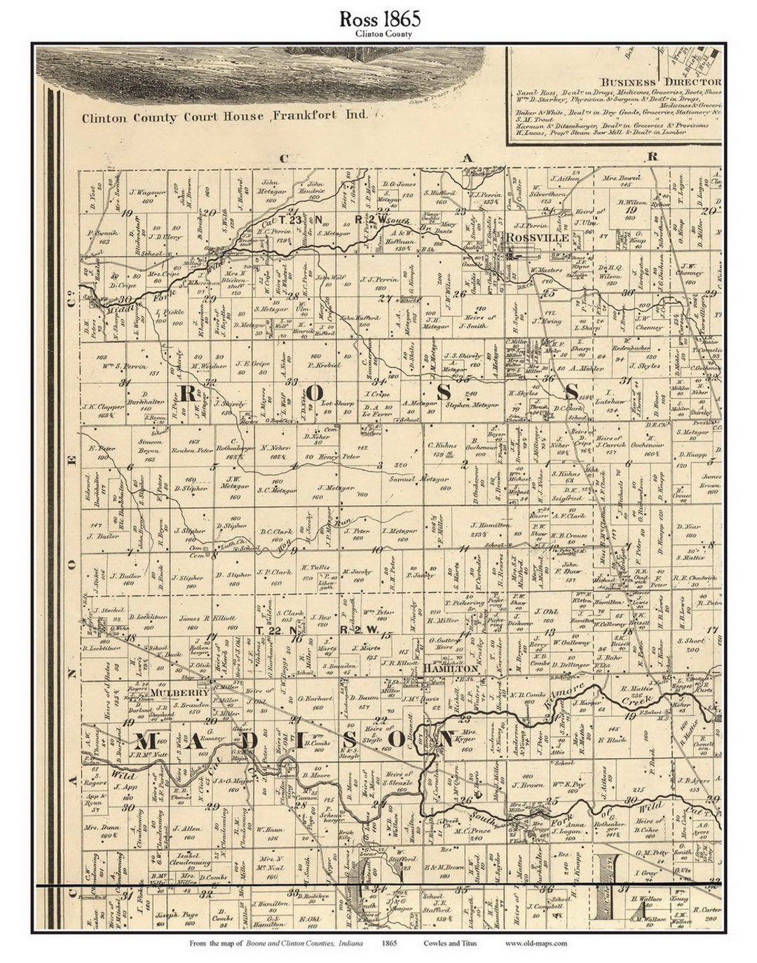 Ross 1865 Old Town Map With Homeowner Names Indiana Rossville Reprint