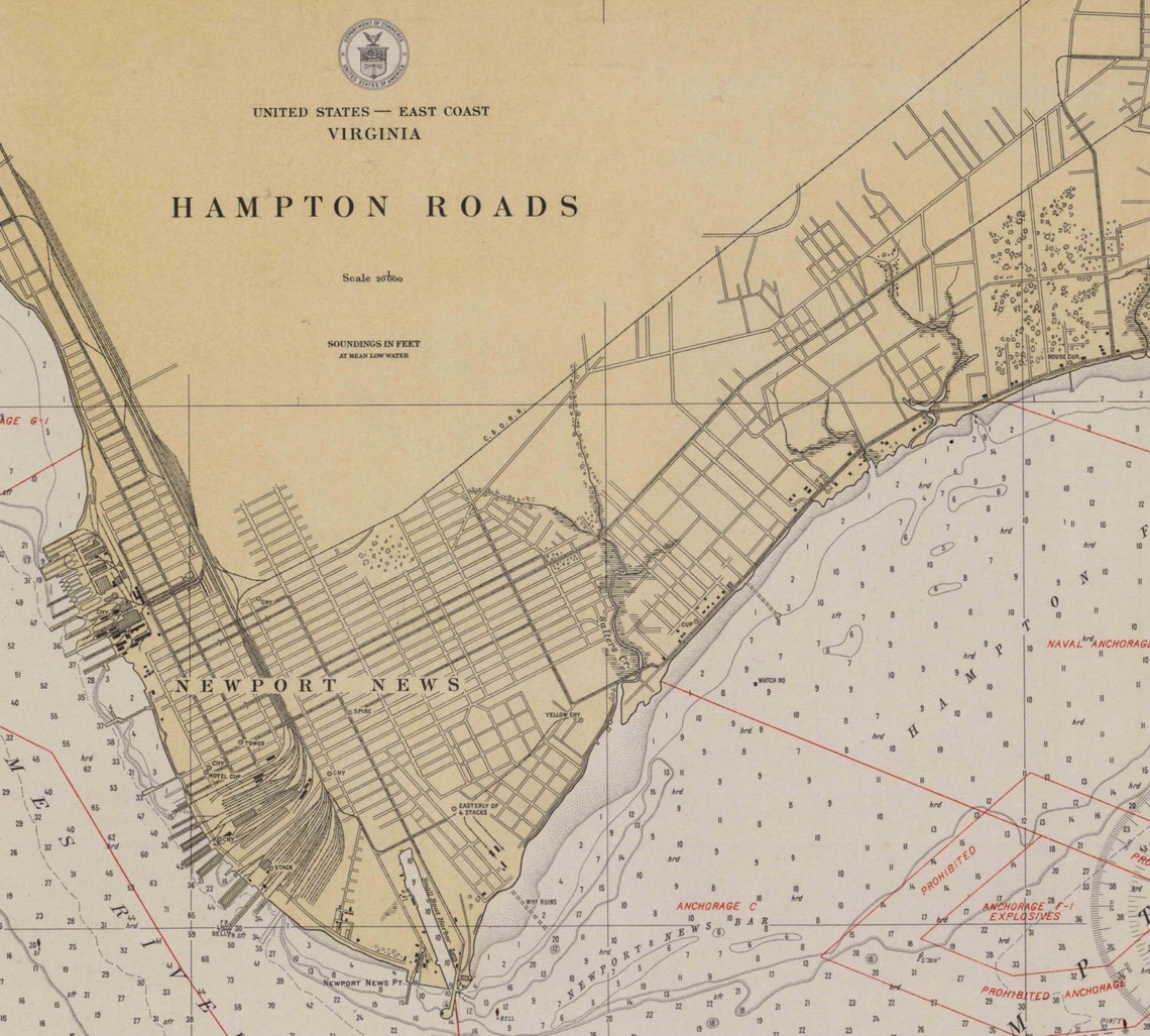 Hampton Roads 1930 Nautical Map Virginia Harbors 400 Etsy