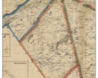 May include: An antique map of Stillwater, New York, dating from 1860. The map is divided into sections with different colours and shows the roads, rivers, and towns in the area. The map is in good condition and has a vintage look.