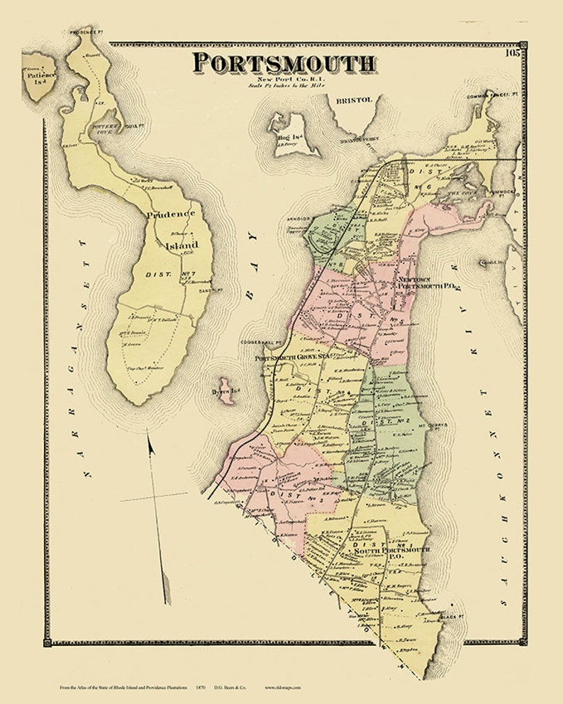 Portsmouth Rhode Island 1870 Old Town Map Prudence Island Etsy