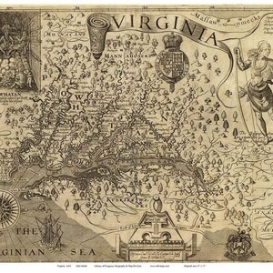 May include: A vintage map of Virginia from 1612, showing the coastline, rivers, and settlements. The map is in black and white and features a compass rose, a ship, and a coat of arms. The text "VIRGINIA" is prominently displayed at the top of the map.