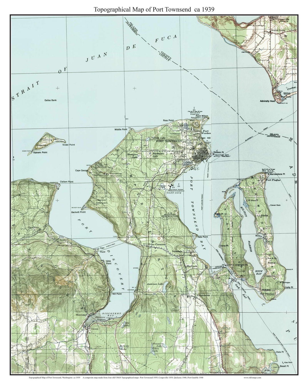 Port Townsend Ca. 1939 USGS Old Topographic Map Custom Composite