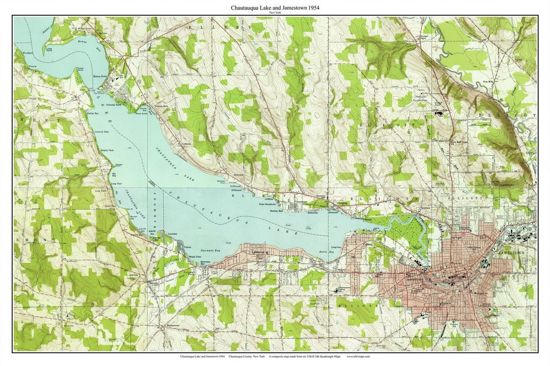 Chautauqua Lake and Jamestown 1954 USGS Old Topographic Map Custom