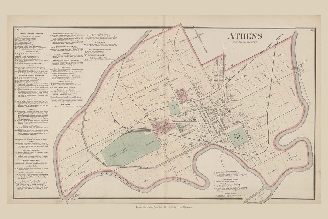 Athens 1875 Old Town Map Reprint Athens County, Ohio Homeowner Names
