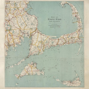 May include: Vintage map of Cape Cod and vicinity, featuring a detailed depiction of the region's roads, towns, and geographical features. The map is printed on aged paper with a light blue and beige color scheme, and includes text indicating the map's title and publisher.