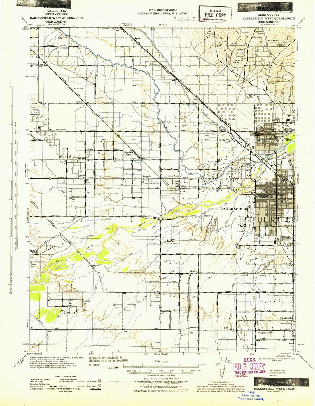 Bakersfield West 1942 Old Topo Map Quad Reprint 15x15 USGS Topographic