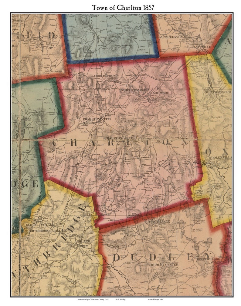 Charlton 1857 Old Town Map With Homeowner Names Massachusetts Etsy