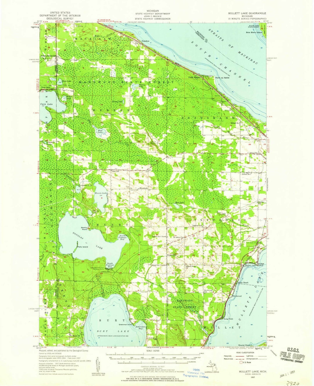 Mullett Lake 1957 1959 Old Topo Map Douglas Lake Burt Lake Quad Reprint