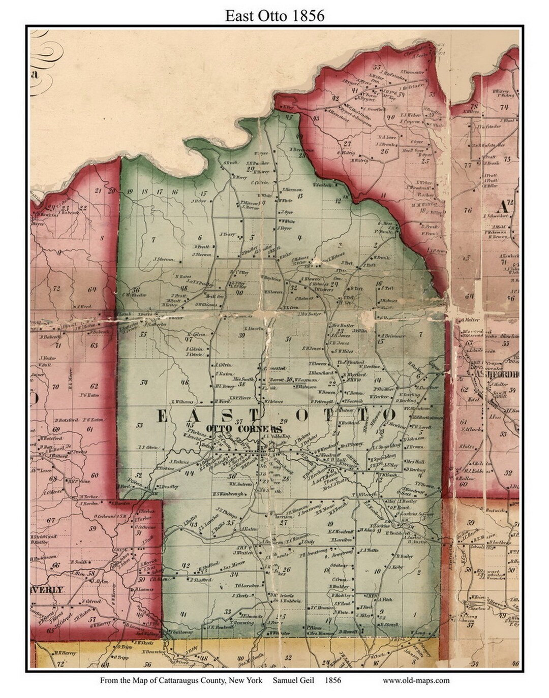 East Otto New York 1856 Map Homeowners Names Cattaraugus Co. Genealogy