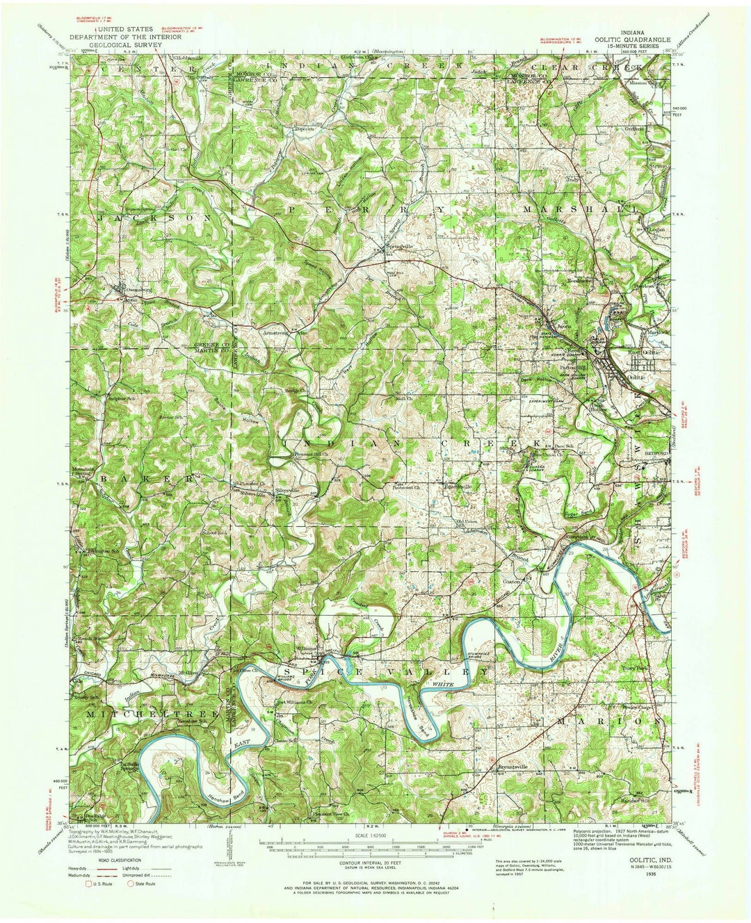 Oolitic 1935 1968 Old Topo Map East Indian Creek White Etsy