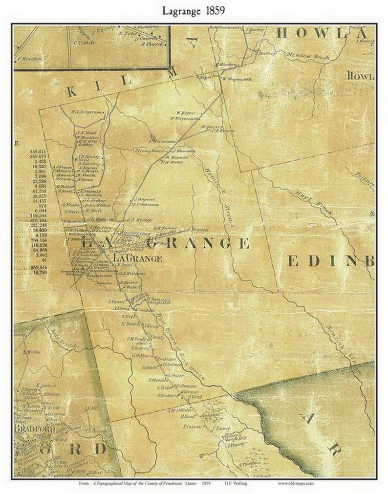 Lagrange 1859 Old Town Map With Homeowner Names Maine Etsy