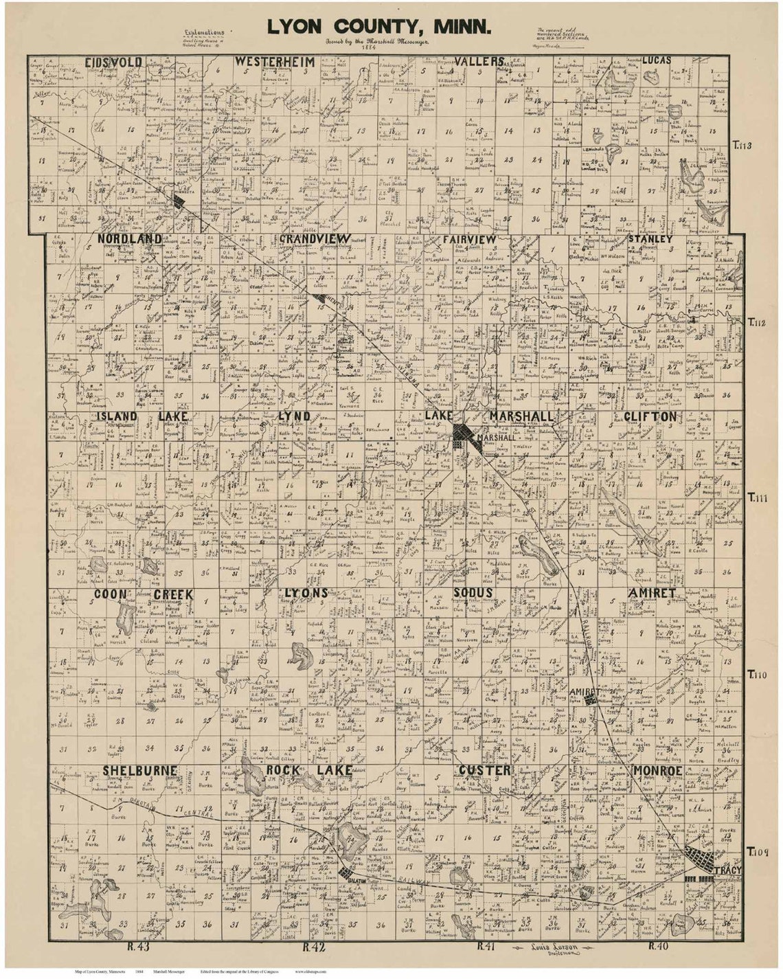 Lyon County Minnesota 1884 Old Wall Map Reprint with Etsy.de