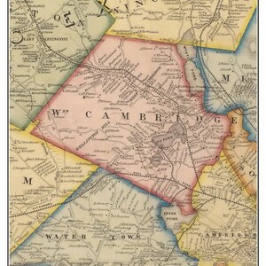 May include: A vintage map of West Cambridge, Massachusetts, from 1852. The map is divided into sections with different colors, showing the streets, ponds, and other features of the area. The map includes the text "West Cambridge 1852" in the top center.