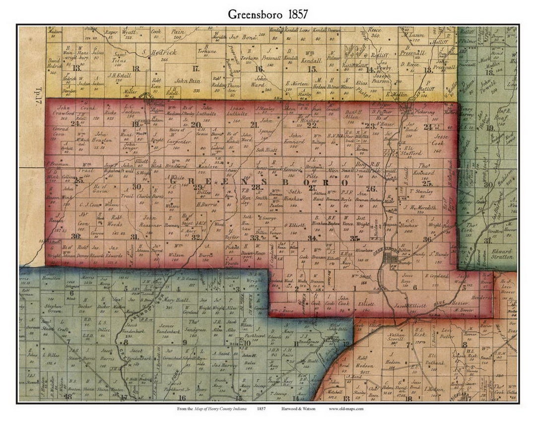 Greensboro 1857 Old Town Map With Homeowner Names Indiana Woodville