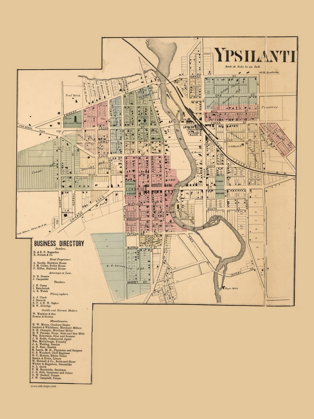 Ypsilanti Village 1864 Old Town Map With Homeowner Names Michigan Il Aenm 