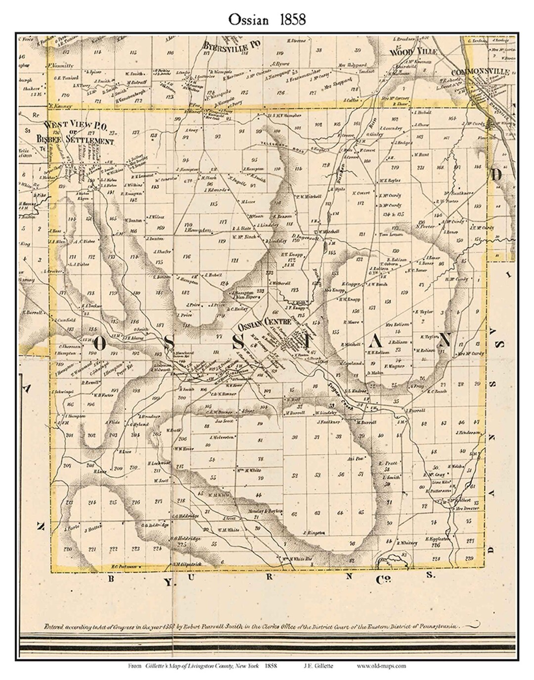 Ossian 1858 Old Town Map With Homeowner Names New York Reprint